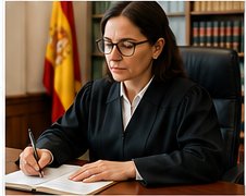 Jueza firmando una resolución en su despacho
