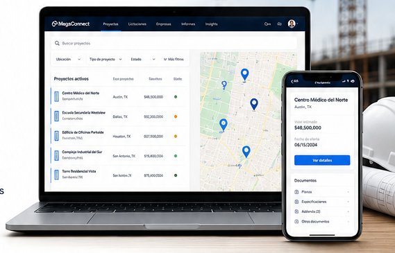 Interfaz de MegaConnect mostrando proyectos activos en laptop y móvil