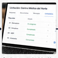 Pantalla de licitación con paquetes de trabajo y estado de avance